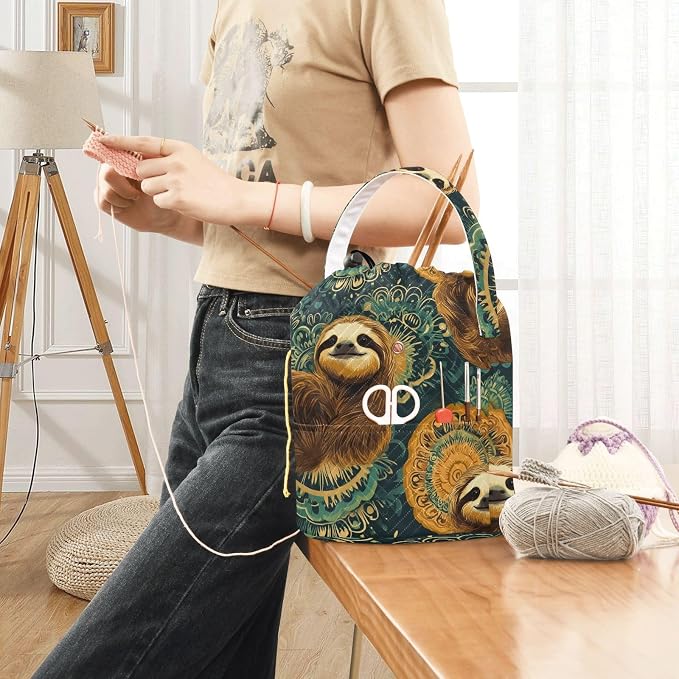 Fustylead Retro Cute Sloths on Green Mandala Background Knitting Yarn Storage Tote Basket, Durable Polyester Large Crochet Drawstring Bag for Crocheting Project, Sewing Supplies, Needles