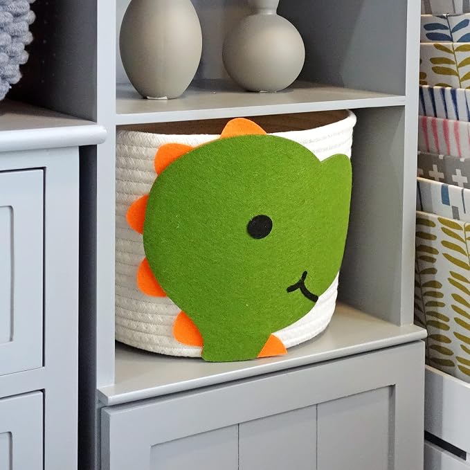 T&T Homewares Small Cotton Rope Baskets with Dianosaur Theme Design for Baby Diaper Organizer, Nursery Storage, Nursery Room Decor, Kids Room Organizer, Cat Dog Toy Storage (Small Dinosaur)