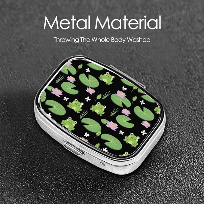 Cute Green Frogs Black Pill Organizer Travel Portable Compact Pill Box 2 Compartments Pill Case for Vitamins/Fish Oil/Meds for Purse Pocket