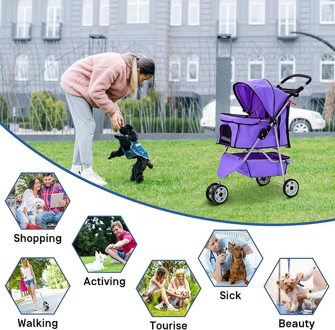 Best 3 Wheels Pet Stroller for Dog Stroller Cat Stroller, Lightweight & Foldable Pet Jogger Stroller, Carrier Strolling Cart W/Cup Holders Removable Liner for Small and Medium Dog Cat or Pet - Purple