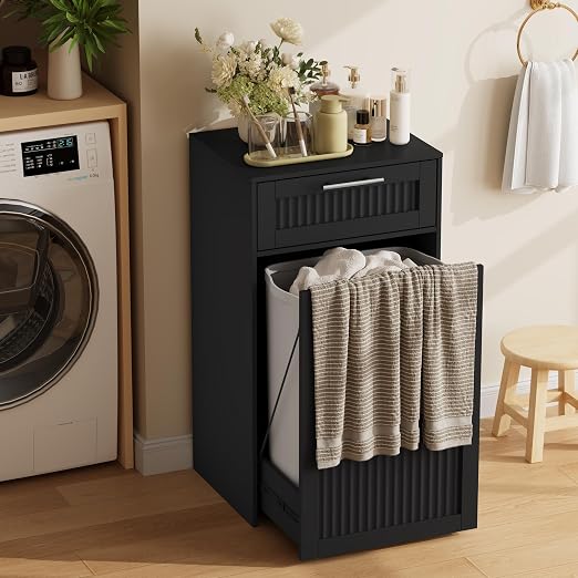 13 Gallons Pull Out Trash Can Cabinet, Hidden Trash Can, Black | Fluted Kitchen Trash Cabinet with Drawer, Freestanding Garbage Pet Proof Trash Can Holder for Laundry, Living Room