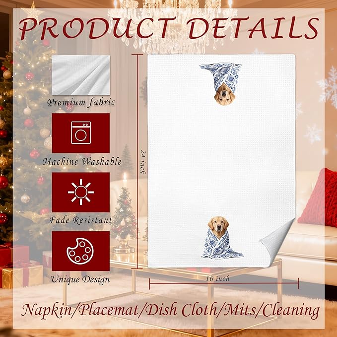 Blue Chinoiserie Golden Retriever Kitchen Towels 16x24 in, Gifts for Golden Retriever Lovers, Grandmillennial Floral Blanket Dog Decorative Hand Tea Dish Towels for Bathroom Kitchen