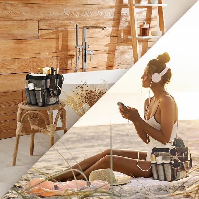 Mesh Shower Caddy Dorm, 7 Pockets & 1 with Zipper, Shower Tote with Padded Handles, Travel Portable, Shower Caddy College Room Essentials, Bathroom Shower Bag (Light Gray)