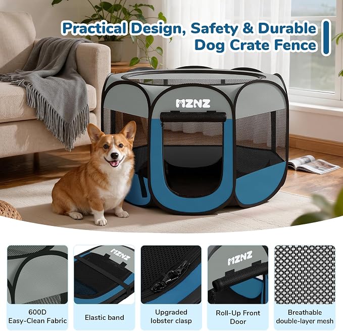 Dog Cat Small Animal Puppy Playpen Crate, Medium, Grey Blue | Portable Pop Up Pet Cage Enclosure Tent Kennel Indoor Outdoor with Carrying Case, No Assembly, Camping Use