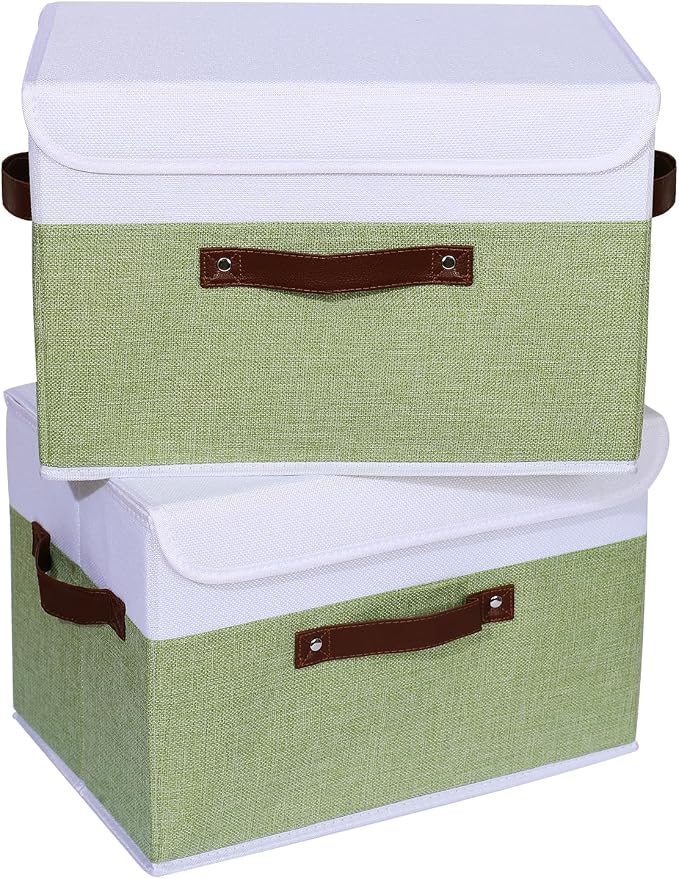 ANMINY Fabric Storage Box Bins with Lids, Green White, 15"x10"x10", 4 Pack | Keepsake Memory Storage, Cotton Linen, PP Board Reinforced, Washable, PU Handles, Foldable & Stackable, Decorative, Large