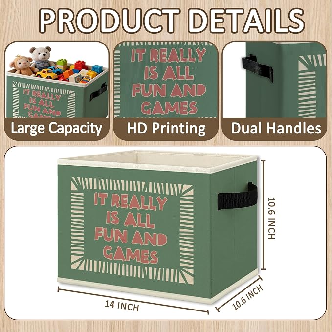 Green Kids Playroom Cube Storage Bins with Handles, Funny It Really Is All Fun and Games Collapsible Fabric Storage Basket Boxes Books Clothes Organizer for Kids Bedroom Playroom Bathroom