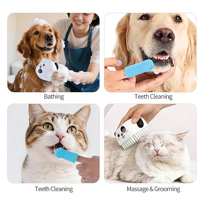 3PCS Pet Grooming Kit – Dog Bath Brush with Soap Dispenser & 2 Finger Toothbrushes | Silicone Dog Shampoo Brush for Small Medium Large Dogs, Soft Deshedding Massage Brush for Puppy & Cats
