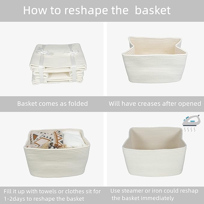 XUANGUO Woven Cotton Rope Storage Baskets 15x10x9.3" 3 Pack White | Decorative rectangular storage baskets for shelves and closets; storage bins organize clothes, toys, books and nursery items.