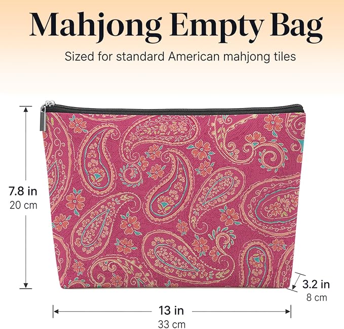 Preppy Hot Pink Paisley Empty Mahjong Tile Bag 13x7.8 Inch, | Boho Floral Printed Portable Travel Case Organizer Zipper Pouch for American Mahjong Tiles Game Night Accessories and Gifts
