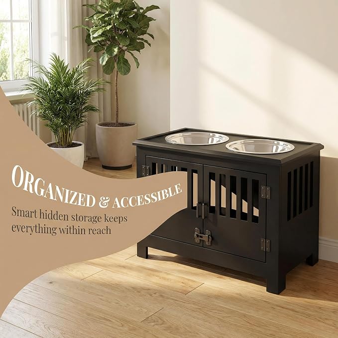TTCOLATOPIA Elevated Dog Feeding Station with Food Storage Cabinet, Pet Food Organizer for Dogs, Elevated Dog Bowl Stand with Airtight Container, Wooden Dog Feeder Station for Indoor Use