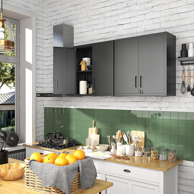 Metal Storage Cabinet for Garage, Tool Cabinet, Utility Cabinet | Wall Mounted, Hanging Tool Cabinet, Lockable, 2 Doors, Adjustable Shelves, Assembly Required, Black