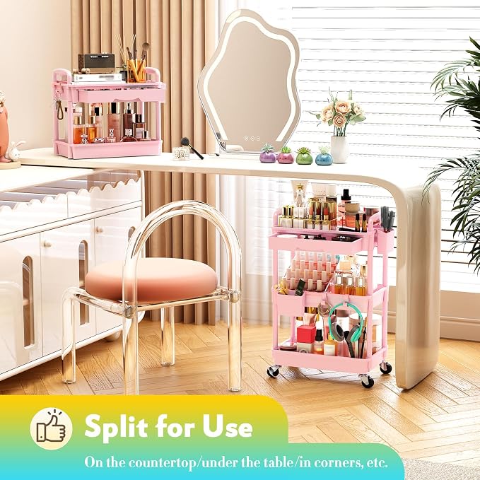 SUNALLY Makeup Cart Organizer with Drawer, 3 Tier Rolling Makeup Cart, Pink | Rolling Vanity Storage for Skin Care Perfume Nail Polish, Floor Skincare Organizers Cosmetics Display Bathroom Storage Cart