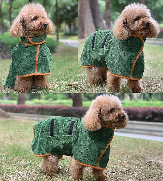 Dog Drying Coat Bathrobe Towel, Microfibre Material Fast Drying Super Absorbent Dog Bath Robe, Pet Quick Drying Moisture Absorbing with Adjustable Collar and Waist Green