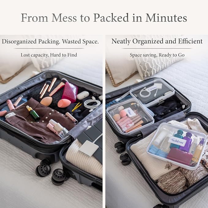 Clear Hard Shell Zipper Case Set (3 Large), 120s Thick PET Plastic, Dual Zippers with Star Charms, Removable Straps, Removable Labels with 2 Markers for Travel, Storage & Organization