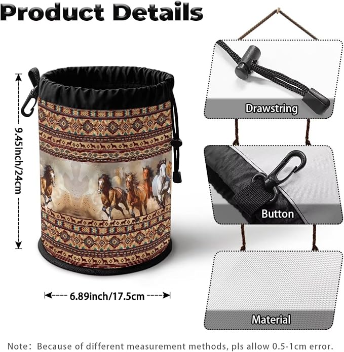 Clothespin Bag Organizer, Boho Pattern Horses Drawstring Laundry Peg Storage Pouch with Hanging Loop, Portable Multifunctional Clips Holder for Drying Rack, Camping & Home