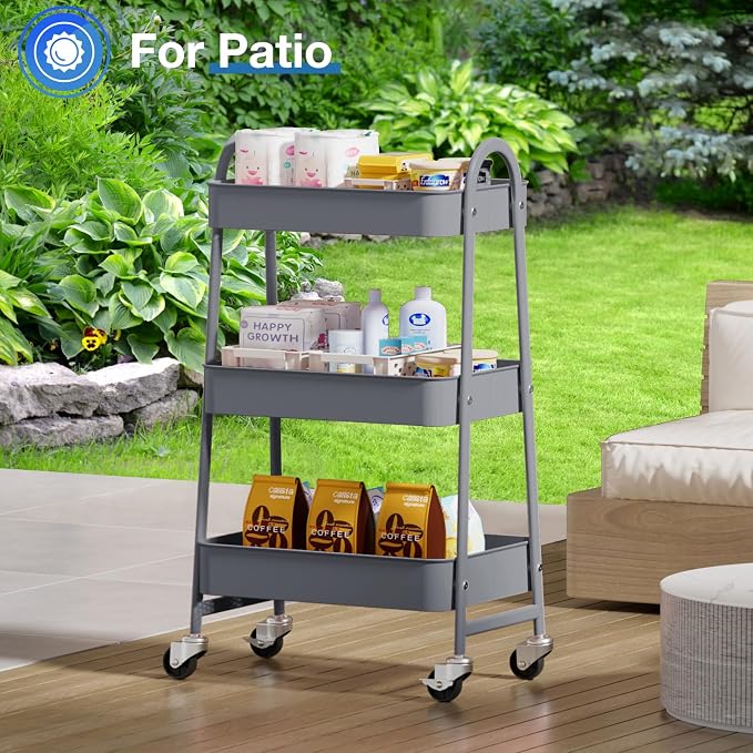 OLIXIS Metal Rolling Storage Utility Cart with Lockable Wheels 3 Tiers | Mobile Organizer Shelf, Space-Saving, Freestanding, Bathroom, Living Room, Slim, Narrow Corner Spaces, Gray