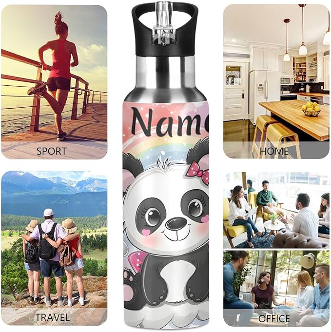 Custom Name Cute Cartoon Panda Rainbow Water Bottle with Straw Lid Kids Insulated Stainless Steel Water Flask Sports, 20 Oz Hot Cold