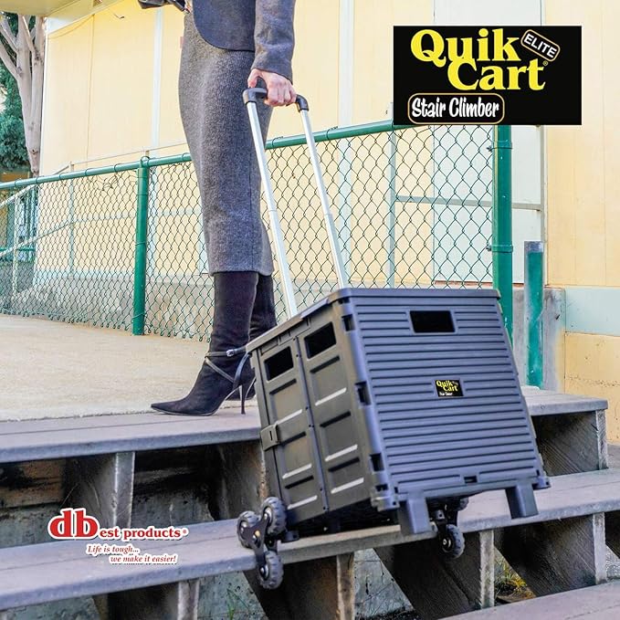dbest Products Quik Cart Elite Stair Climber Rolling Crate - Black | Collapsible, with Wheels, 120 lbs Capacity, Heavy Duty, Telescoping Handle, Folding Utility Cart with Seat