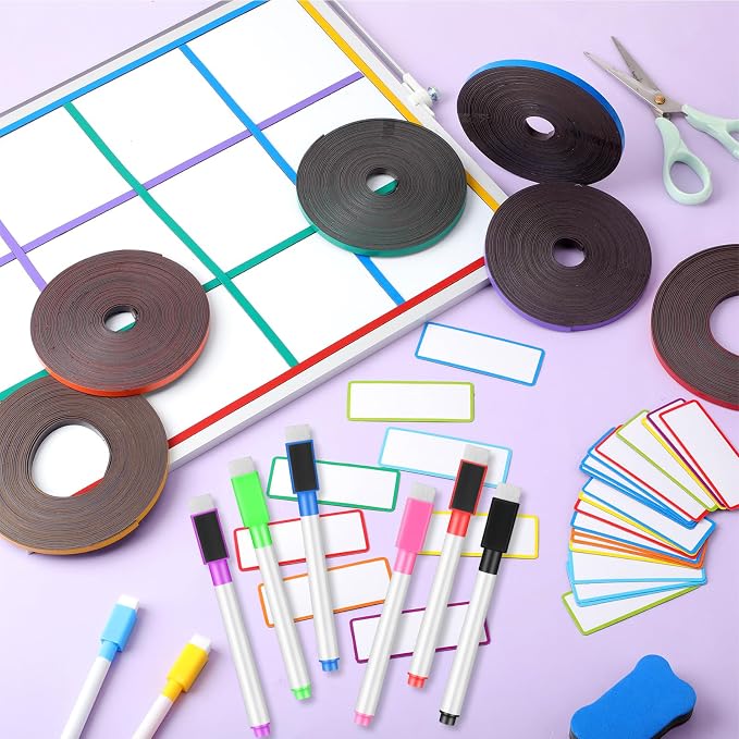 Tellegloww 6 Rolls 1/4" Magnetic Whiteboard Tape Set 33ft Tape Roll Thin Strips Borders with 48 Dry Erase Label and 8 Magnetic Whiteboard Markers for Classroom School Office Home(Mix Color)