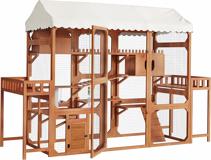 Large Outdoor Cat Enclosure Wooden Catio with Multi-Level Play Platforms, Climbing Ramps, Resting Boxes, Pom-Pom Toys & 2 Plant Stands, Weather-Resistant Roof & Wire Mesh for Backyard Patio, Brown