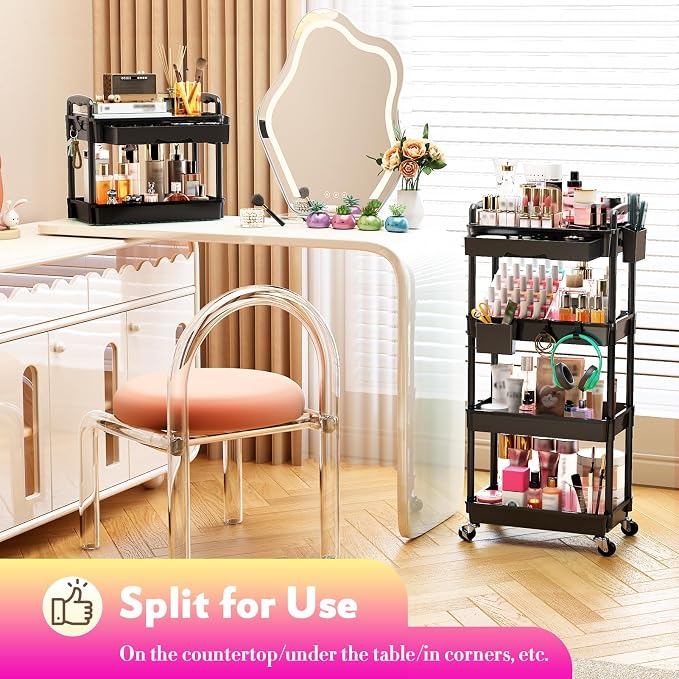 SUNALLY Makeup Cart Organizer with Drawer,4 Tier Rolling Makeup Cart, Black | Rolling Vanity Storage for Skin Care Perfume Nail Polish, Floor Skincare Organizers Cosmetics Display Bathroom Storage Cart