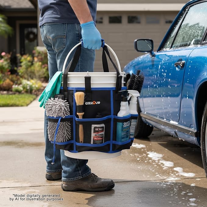 Bucket Tool Organizer - Multi-Purpose Garden Tool Caddy Fits 3.5 to 5 Gallon Buckets - Heavy Duty 600D Tool Bag Pouch with Mesh Pockets for Car Wash, Fishing, Construction (Black+Blue)