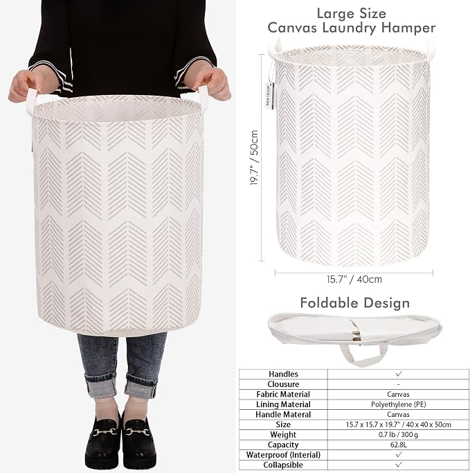Sea Team Large Canvas Laundry Basket with Handles, Gray Fishbones | Collapsible Fabric Laundry Hamper, Closet Shelf Organizers, Containers for Clothing, Blankets, Toys, Bedding, 19.7 x 15.7”