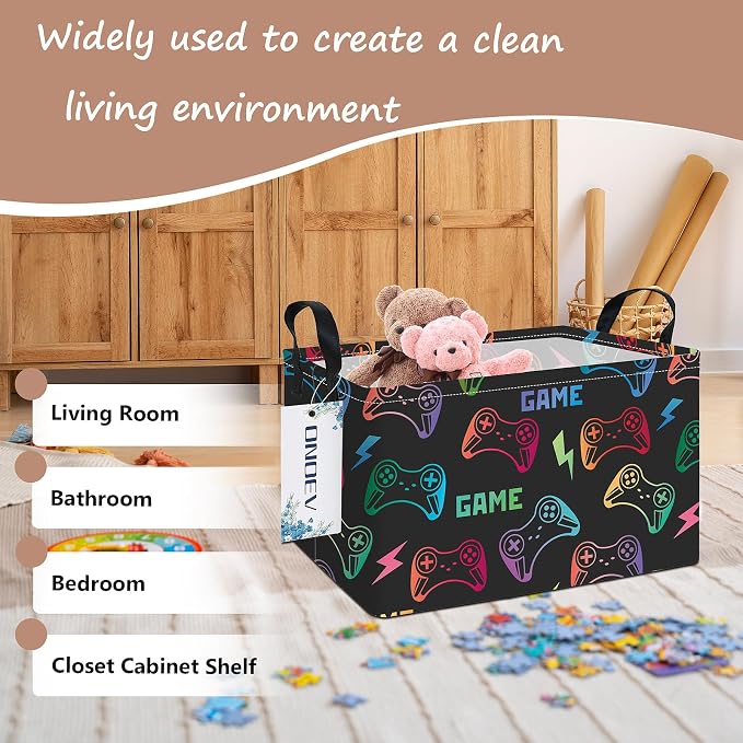 Rectangular Game Controller Storage Bin,Closet Organizer Basket | Waterproof fabric,reinforced handles,foldable bin holds apparel,gaming gear and daily belongings for teen‑boy bedrooms