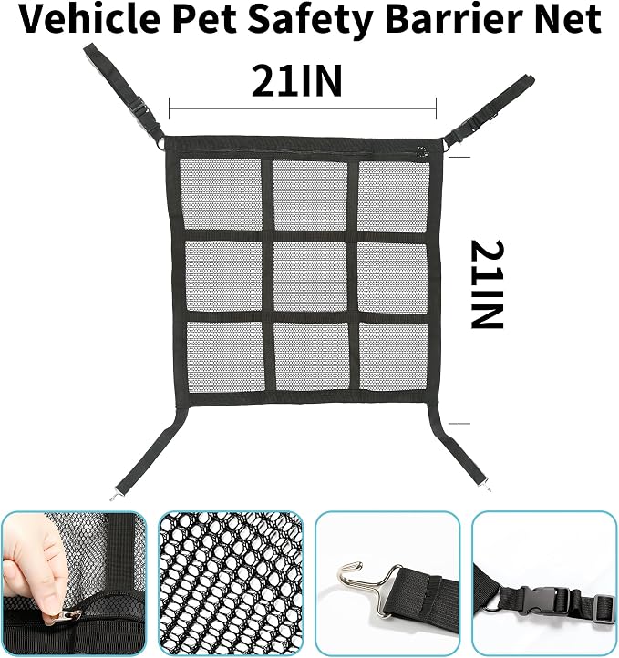 Dog Car Net Barrier Double Layer Mesh with Zipper Organizer Storage | Cars Seat Divider for Pet with Adjusting Rope and Hook Breathable Dogs Travel Accessory Universal Fit for SUV Sedan Truck
