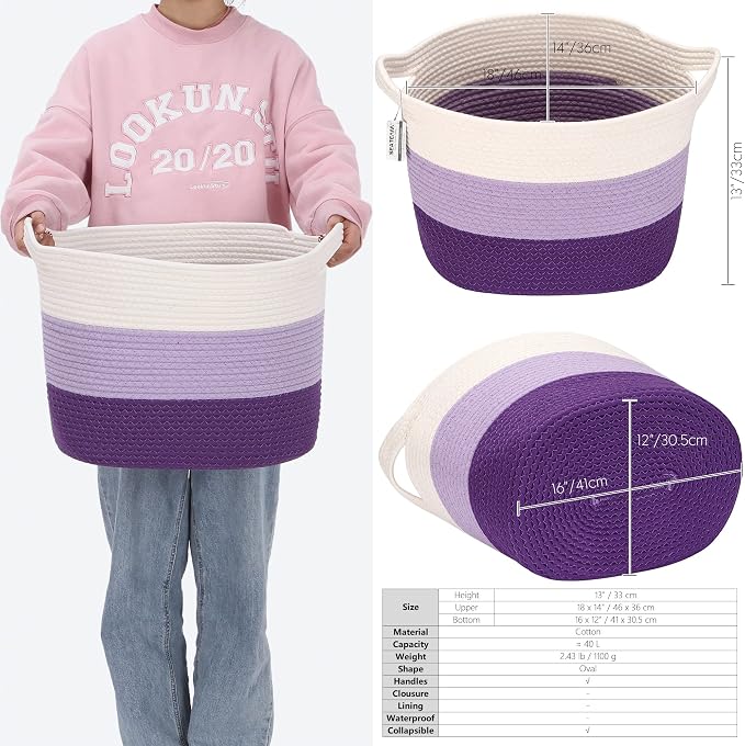 Sea Team Large Woven Cotton Rope Laundry Basket with Handles, 16 x 13 in | Collapsible Knitted Hamper, Closet Shelf Organizers, Containers for Clothing, Blankets, Toys, Bedding, Lavender