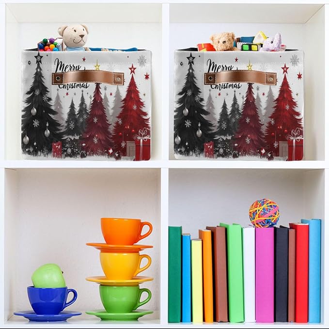 Christmas Tree Storage Basket with Waterproof Liner and PU Handles Xmas Winter Gray Black Red Snowflake Storage Bins Boxes 14.2" Collapsible Decorative Baskets for Bedroom Closet Office 1 Pack