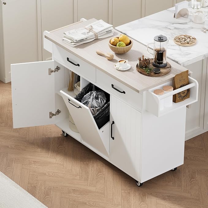 51" Farmhouse Kitchen Island with Trash Can & Storage - Modern White Rolling Kitchen Island with Drop Leaf, Spice Rack, Towel Rack, 20.55"D x 51.06"W x 35.04"H