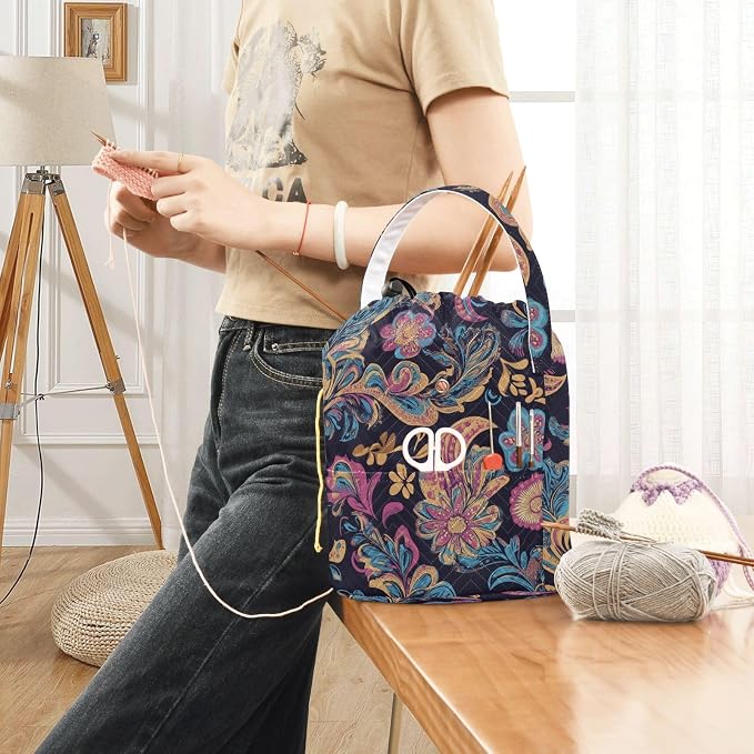 Fustylead Beautiful Pink Blue Paisley Floral Pattern Knitting Yarn Storage Tote Basket, Durable Polyester Large Crochet Drawstring Bag for Crocheting Project, Sewing Supplies, Needles