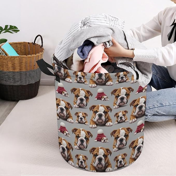Waterproof Clothes Hamper with Handles English Bulldog Puppy Dog Art, Collapsible Basket for Laundry, Toy, and Bedroom Storage Solutions