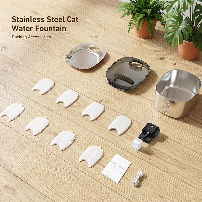 PartsBling Wireless Cat Water Fountain Stainless Steel, 4.2L/142fl oz Ultra Quiet Pet Water Dispenser Bowl for Cats & Dogs, Cordless Dog Water Fountain with 5000 mAh Battery Operated with 4 Filters
