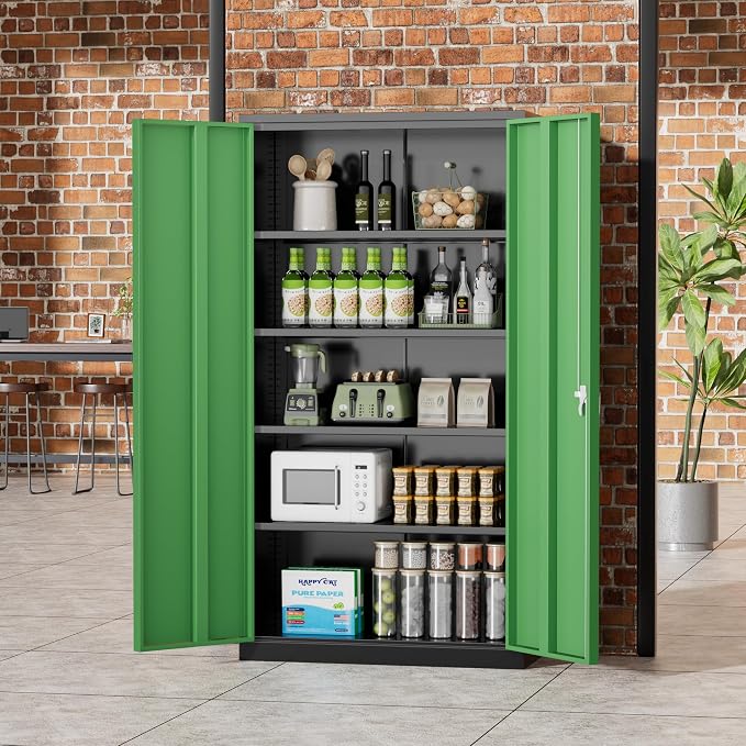 Greenvelly Metal Storage Cabinet, 72" Locking Metal Garage Storage Cabinet with Doors and 4 Adjustable Shelves, Lockable Steel Cabinet for Home Office, Garage, Shop, School (Green 36" W x 18" D)
