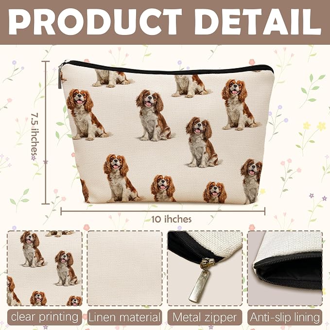 Cavalier King Dog Makeup Bag, Cavalier King Lovers Gifts Cosmetic Bag for Women, Dog Mom Lovers Owner Gifts for Women Christmas, Pet Lover Gift Zipper Travel Makeup Pouch for Purse