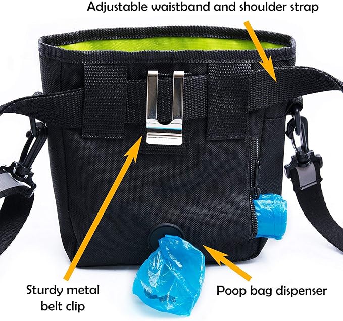 Dog Treat Pouch for Training & Walking, Pet Treat Bag with Poop Bag Dispenser, Pro Clicker, Collapsible Travel Bowl & Reflective Shoulder Strap - Black/Green
