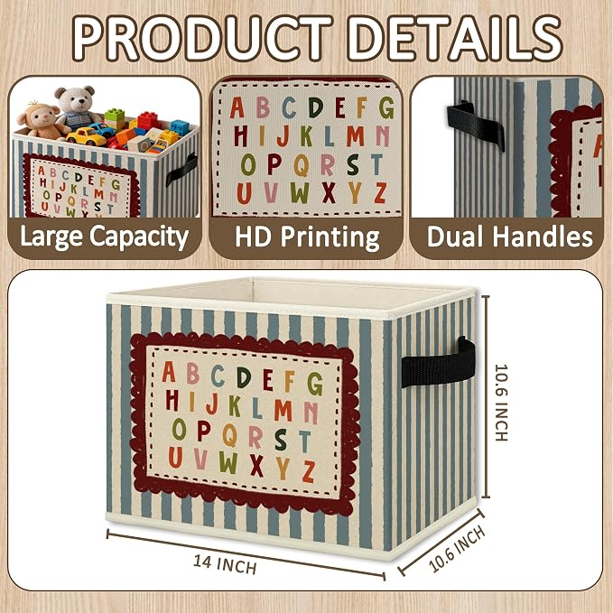 Alphabet Classroom Kids Cube Storage Bins with Handles, Alphabet ABC Educational Collapsible Fabric Storage Basket Boxes Books Clothes Organizer for Girls Boys Room Bedroom Playroom