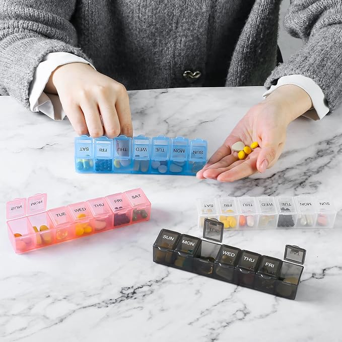 4 Pack Weekly Pill Organizer, 7 Days Pill Case Travel Daily Pill Box | Portable Medicine Organizer and Planner with Compartment for Vitamins, Fish Oil, Supplements and Medication (4 Colors)