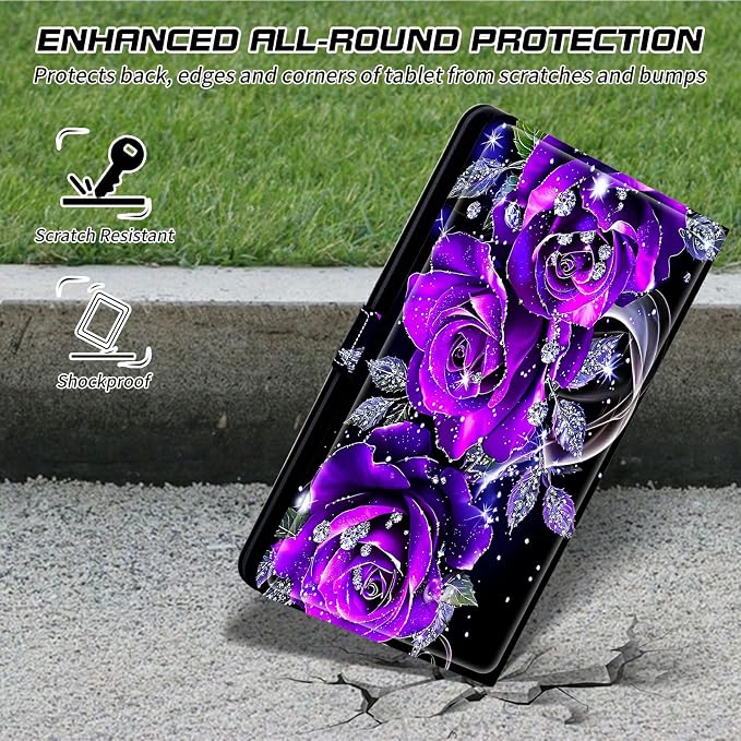 Universal Case for T-Mobile Revvl Tab 2 10.1" Model:9185W 2025/Revvl Tab 5G 10.36" 2023, 360 Degree Rotating Kickstand Protective Stand Leather Shell Cover for 9"-10.5", Purple Rose 01