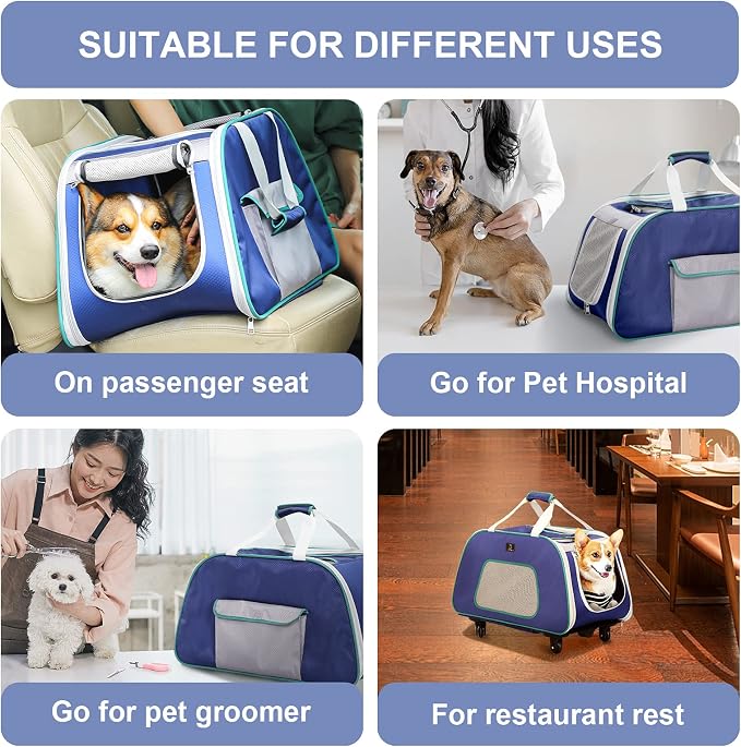 A 4 Pet Foldable Dog Carrier on Wheels, Up to 33 lbs, Navy Blue | Removable base, extendable handle, 4-wheel design, mesh ventilation, safety rope