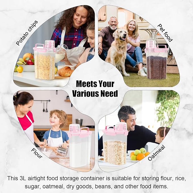 LEAWALK Airtight Rice Storage Container, 3.28Qt Cereal Dry Food Flour and Sugar Bin, Dog Cat Food Dispenser with Measuring Cup, BPA Free Clear Plastic Kitchen and Pantry Organization Bin-Pink 2Pack
