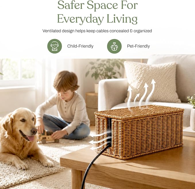 2PCS Cable Management Box Set, Handmade Rattan Cord Organizer | Large & Standard Sizes for Power Strip, Router & USB Hub, Registered U.S. Design Patent