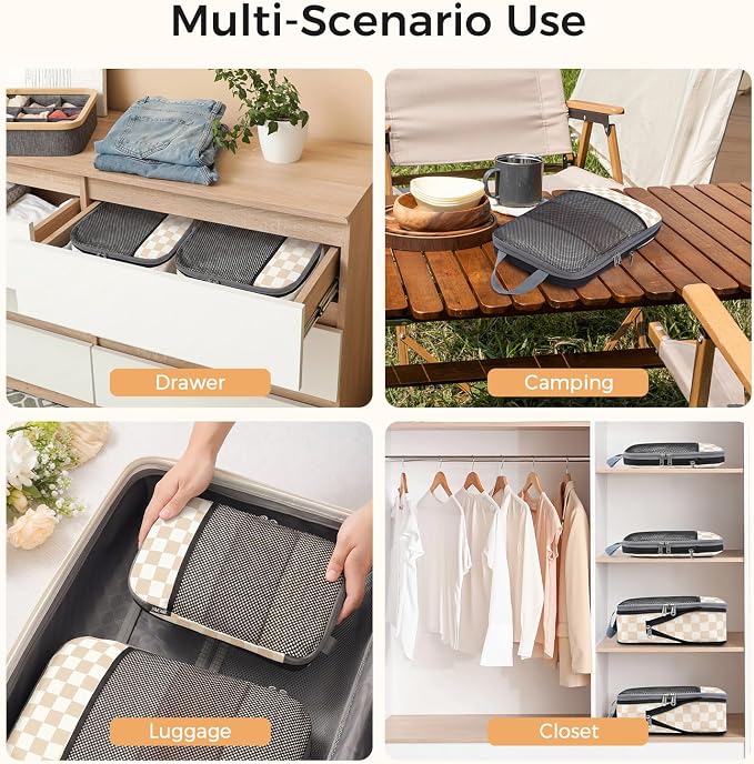 BAGAIL 4 Set/6 Set/8 Set Compression Packing Cubes Travel Accessories Expandable Packing Organizers (Half Mesh, 6-Khaki Checkered)