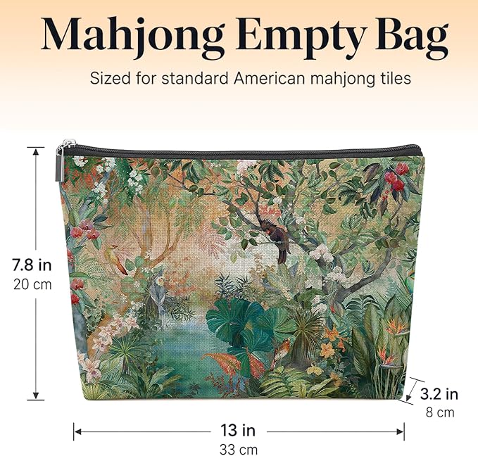 Green Tropical Jungle Animal Empty Mahjong Tile Bag 13x7.8 Inch | Nature Forest Printed Portable Travel Case Organizer Zipper Pouch for American Mahjong Tiles Game Night Accessories and Gifts