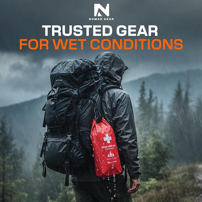 Waterproof First Aid Kit for Camping, Boating, Hiking – 64-Piece Outdoor Emergency Medical Bag with Roll-Top Closure by Nomad Gear