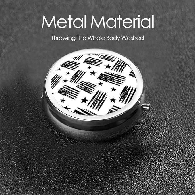 Pocket Pill Box, Waterproof Round Dispenser, Portable Mini Case for Supplements, Daily Use Organizer for Active Lifestyles, American Hunting Flag