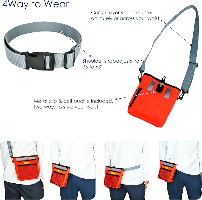 Raisingwell Dog Treat Pouch with Magnetic Closure 4-Cup Silicone Bag Fanny Pack Holder with Clicker 4 Ways to Wear Front Pocket Fits All Phones Ideal for Leash, Pet Walking and Training(Orange)