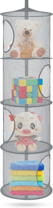 Hanging Stuffed Animal Storage Hammock Net 4 Tiers, Grey | Hanging Mesh Storage Organizer for Kids Room, Holds Plushies, Gloves, Hats, Socks, Foldable Space-saving Design